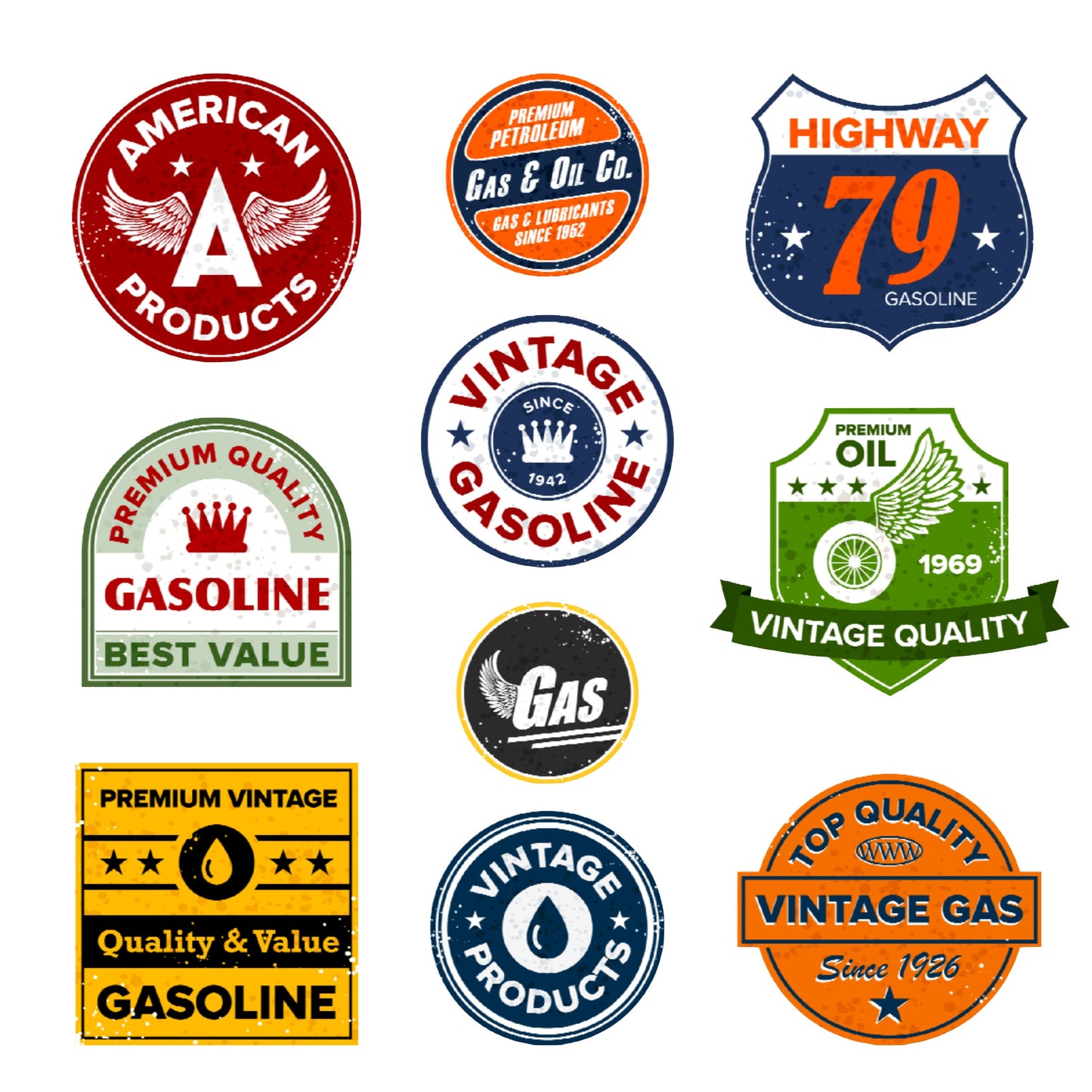 Set of Vintage Gas Oil, 10 Sticker Decals