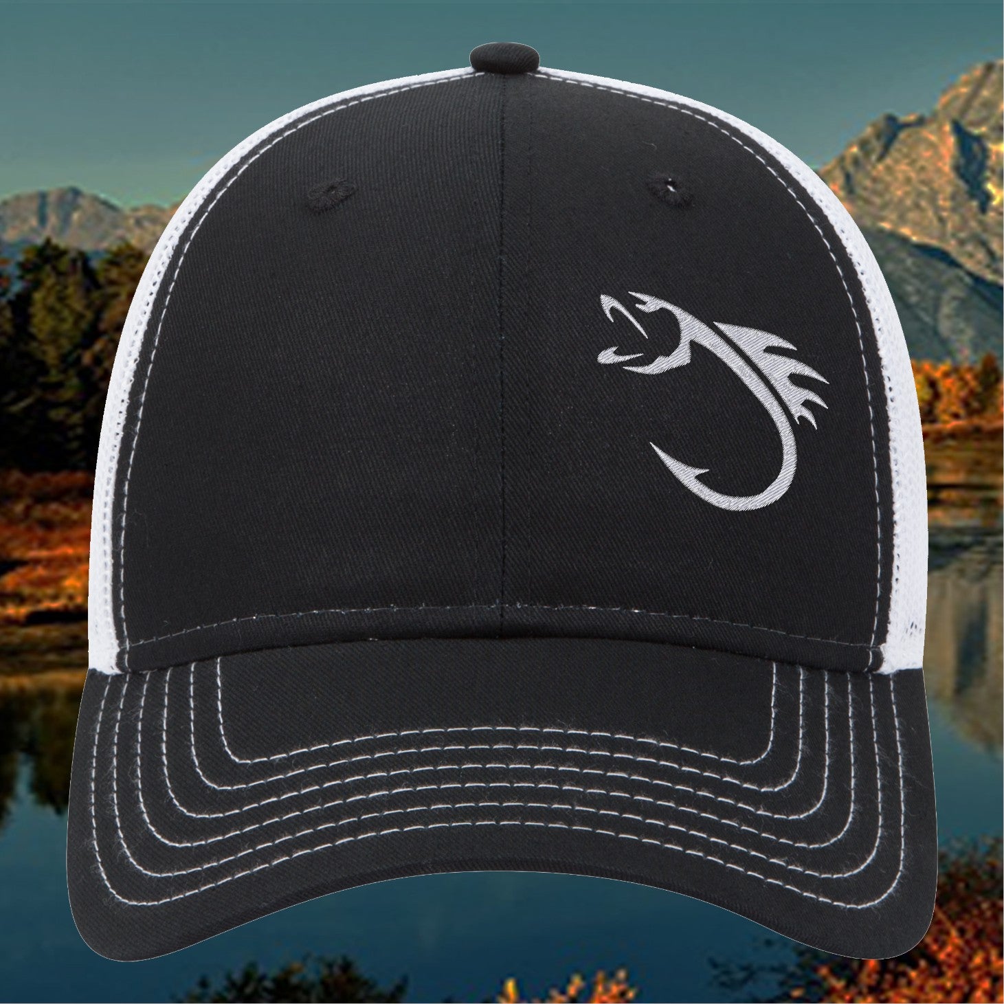 cap fishing hook Embroidery, Fish Hook Hat, Fishing Cap 10 Black Fr/White Bk