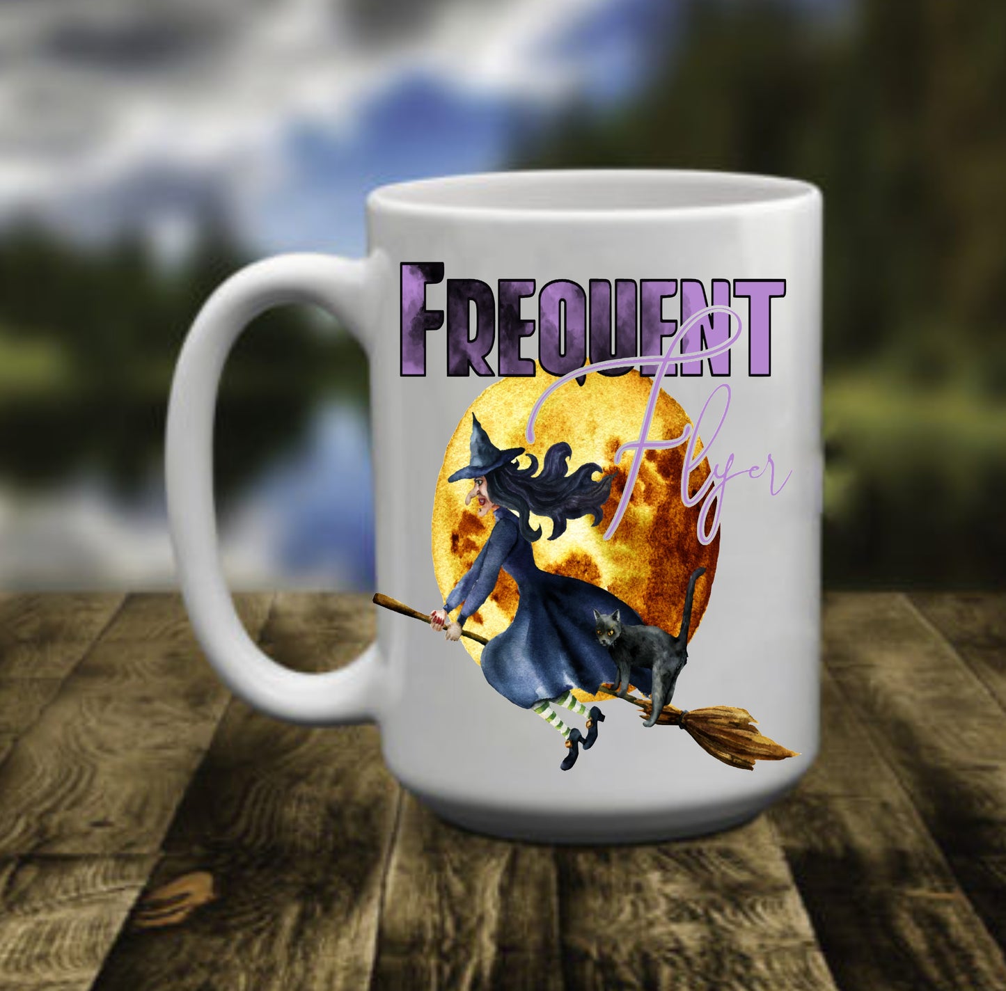 Frequent Flyer Witch Broomstick, 15 oz Mug.