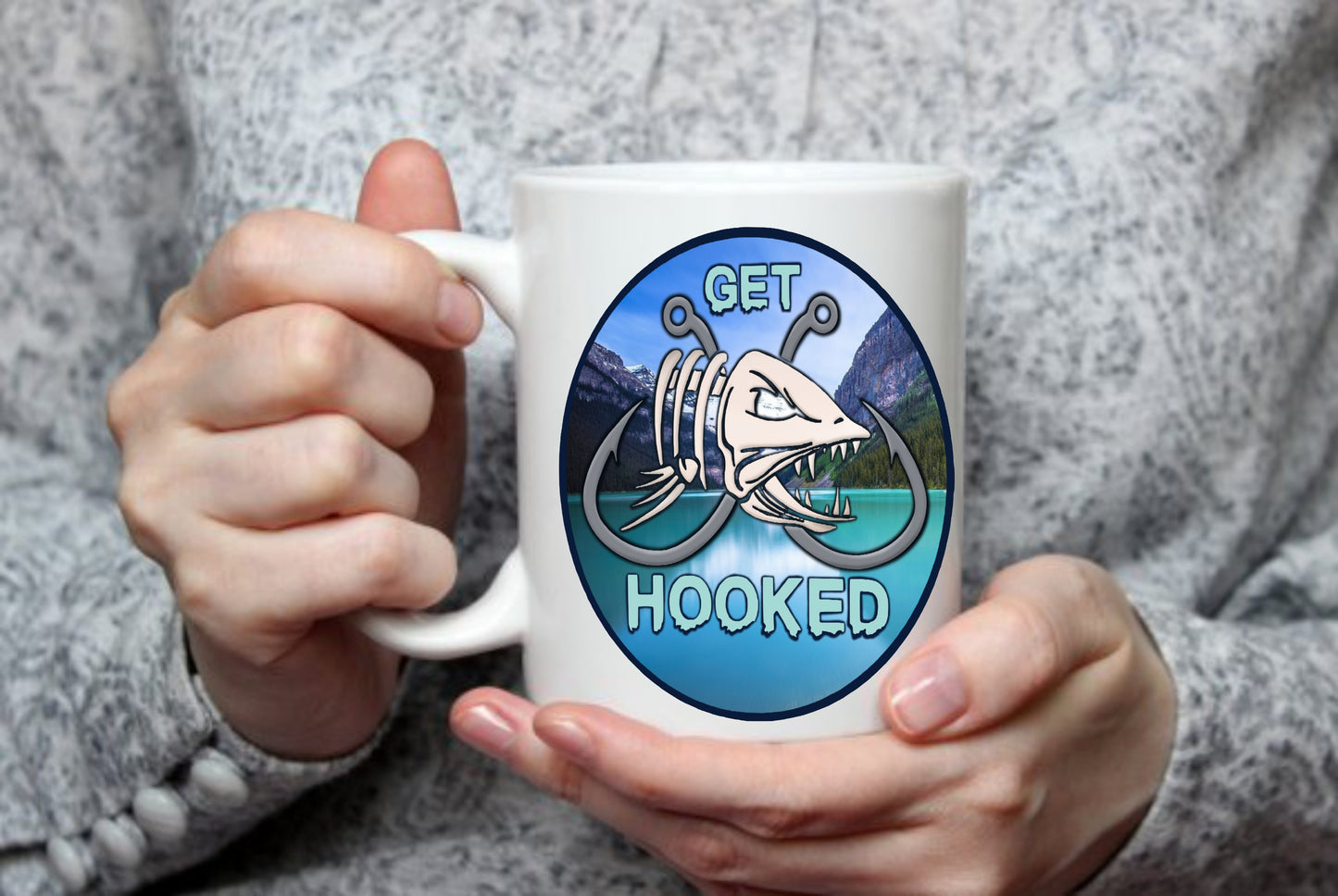 Get Hooked Fishing, 15 oz Mug.