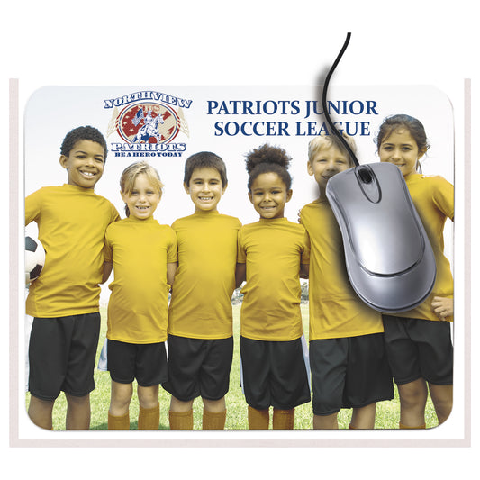 Sample mousepad mockup showing a youth soccer team photo design