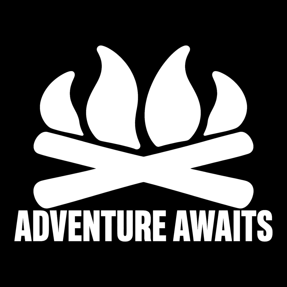 Adventure Awaits decal in white on a black background