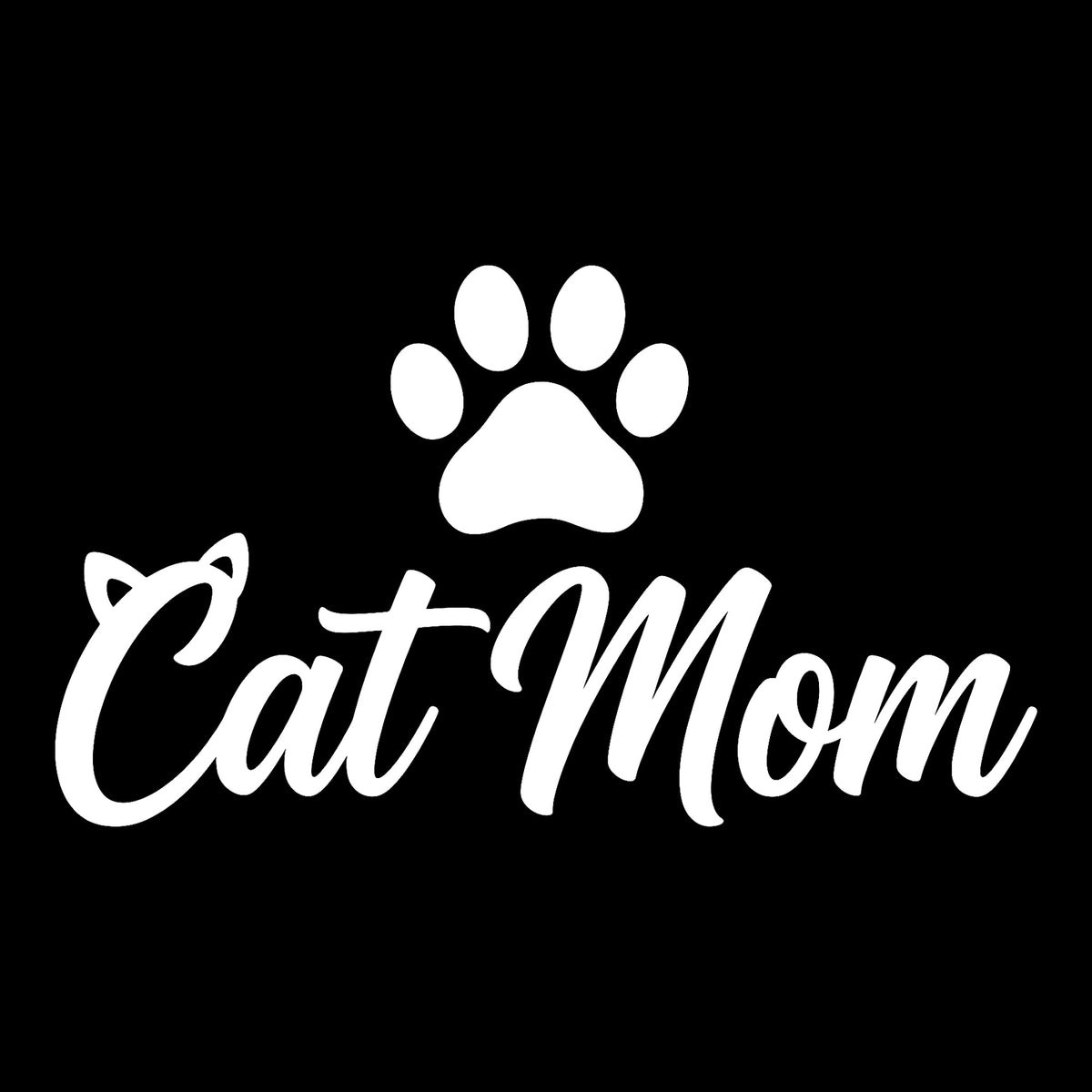 Cat Mom decal in white on a black background