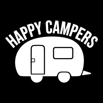Happy Campers decal in white on a black background