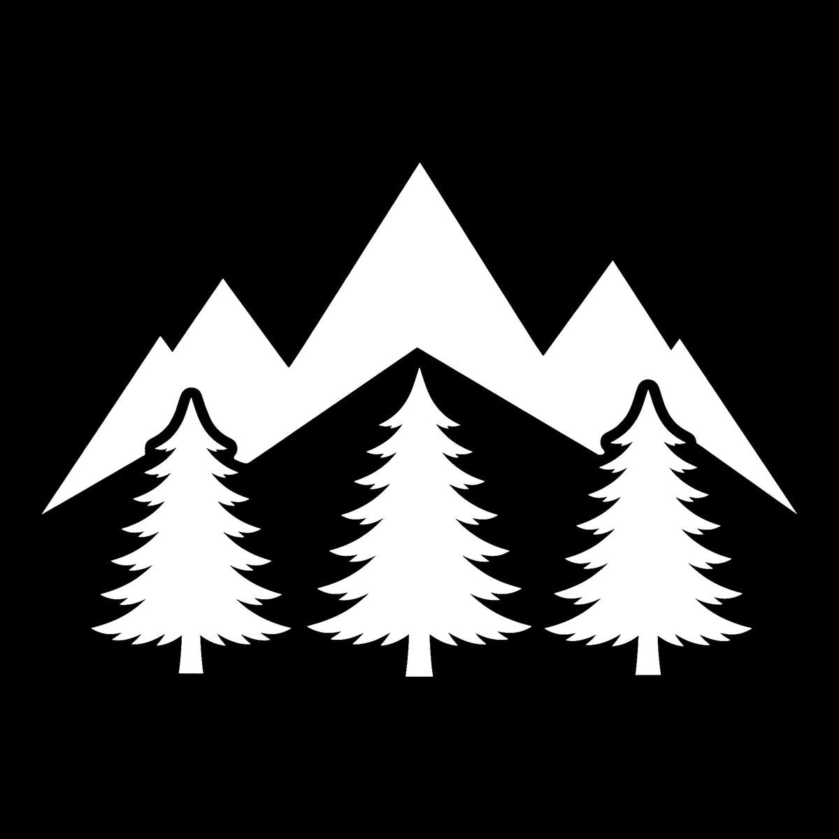 Pine Tree Mountain decal in white on a black background