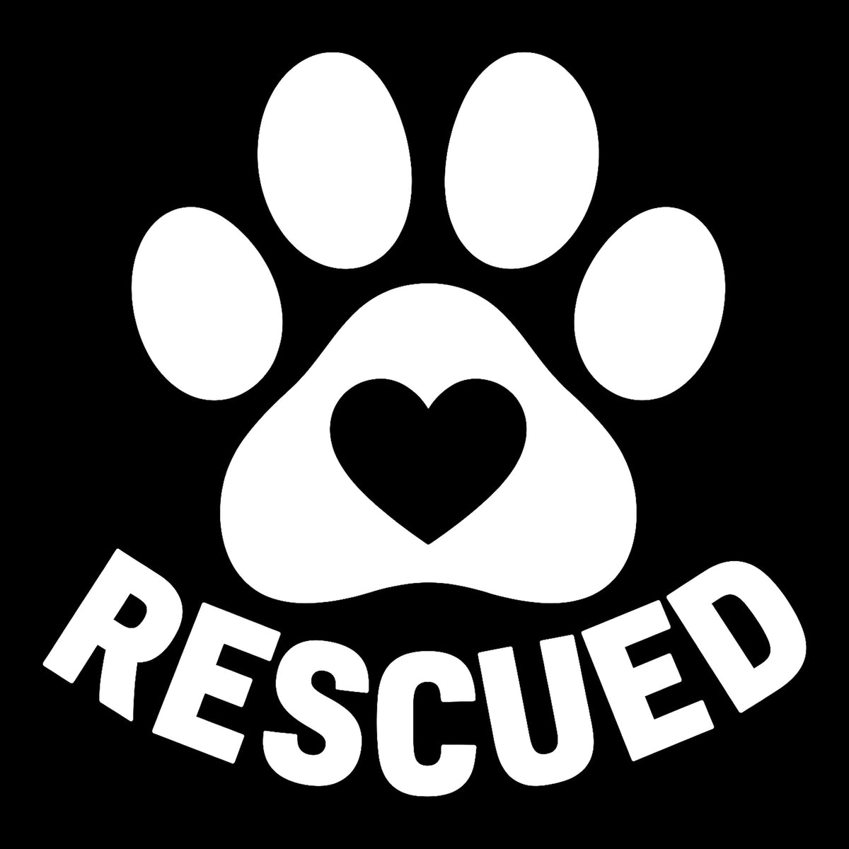 Rescued Paw decal in white on a black background