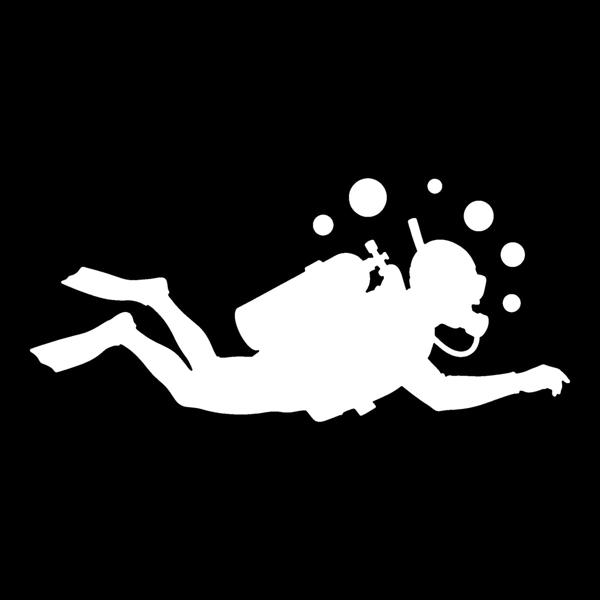 Scuba Diver decal in white on a black background