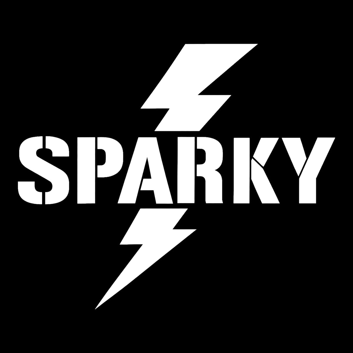 Sparky decal in white on a black background