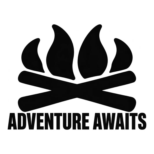 Adventure Awaits decal design in black on a white background