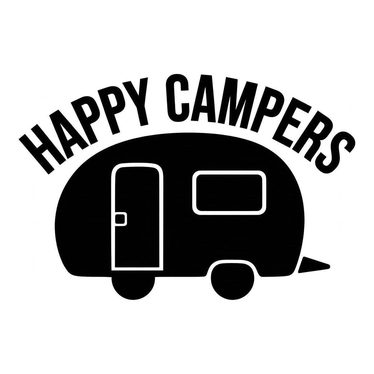Happy Campers decal design in black on a white background