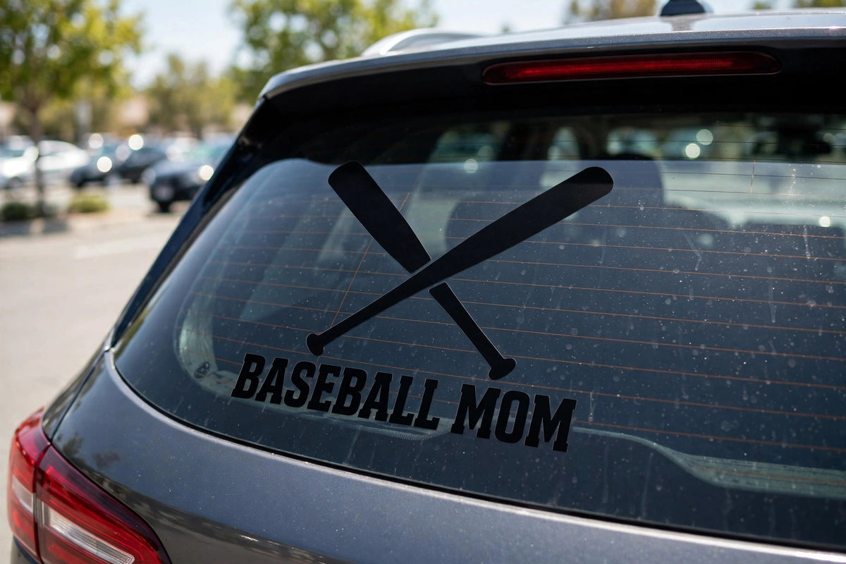Baseball Mom decal applied to a truck rear window