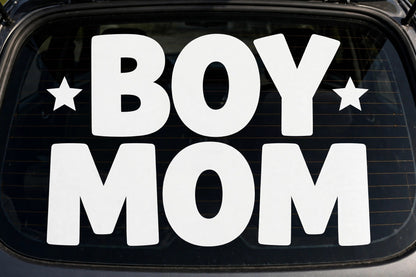 Boy Mom decal applied to a truck rear window