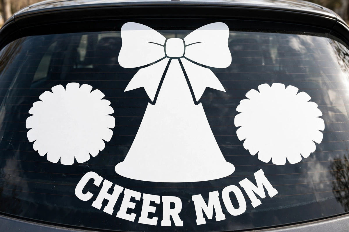 Cheer Mom decal applied to a truck rear window