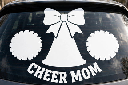 Cheer Mom decal applied to a truck rear window