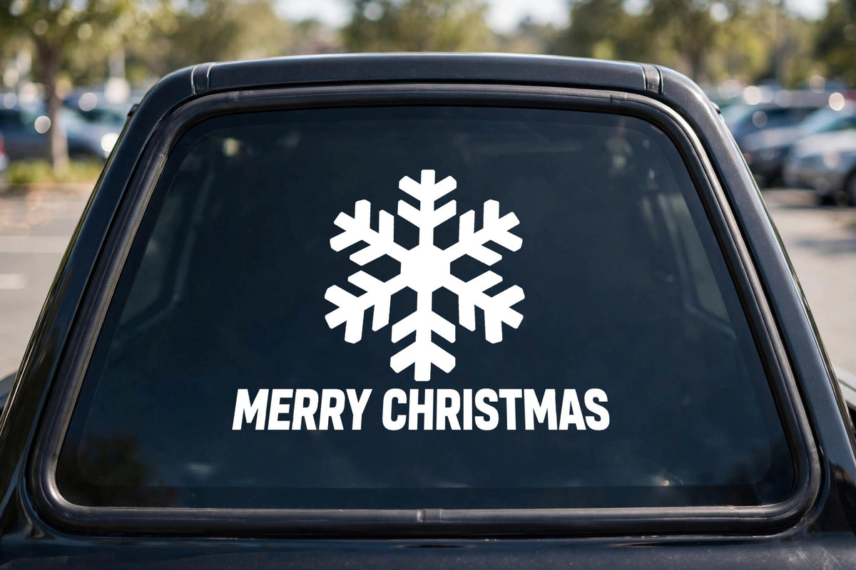 Merry Christmas Snowflake decal applied to a truck rear window