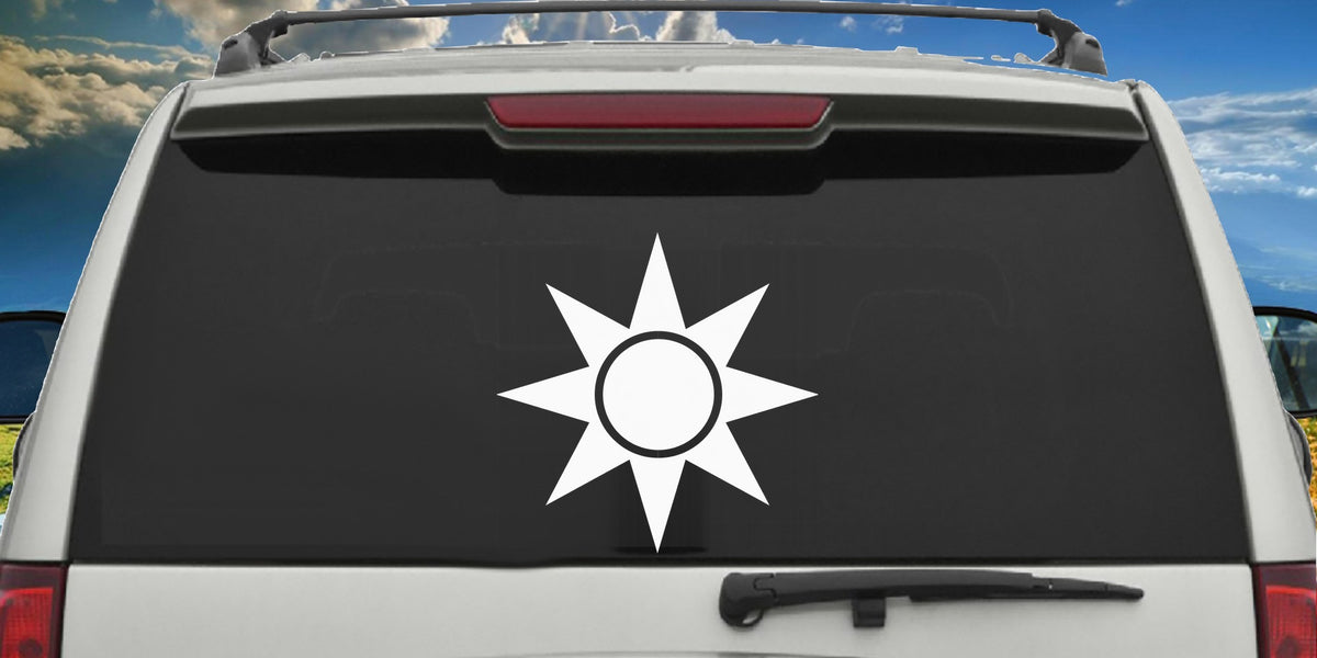 Compass Rose decal applied to a truck rear window