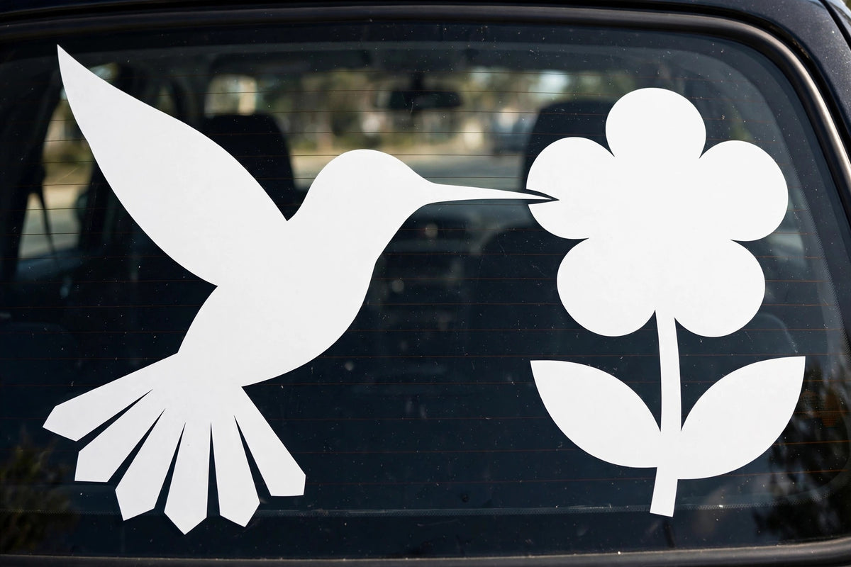 Hummingbird decal applied to a truck rear window