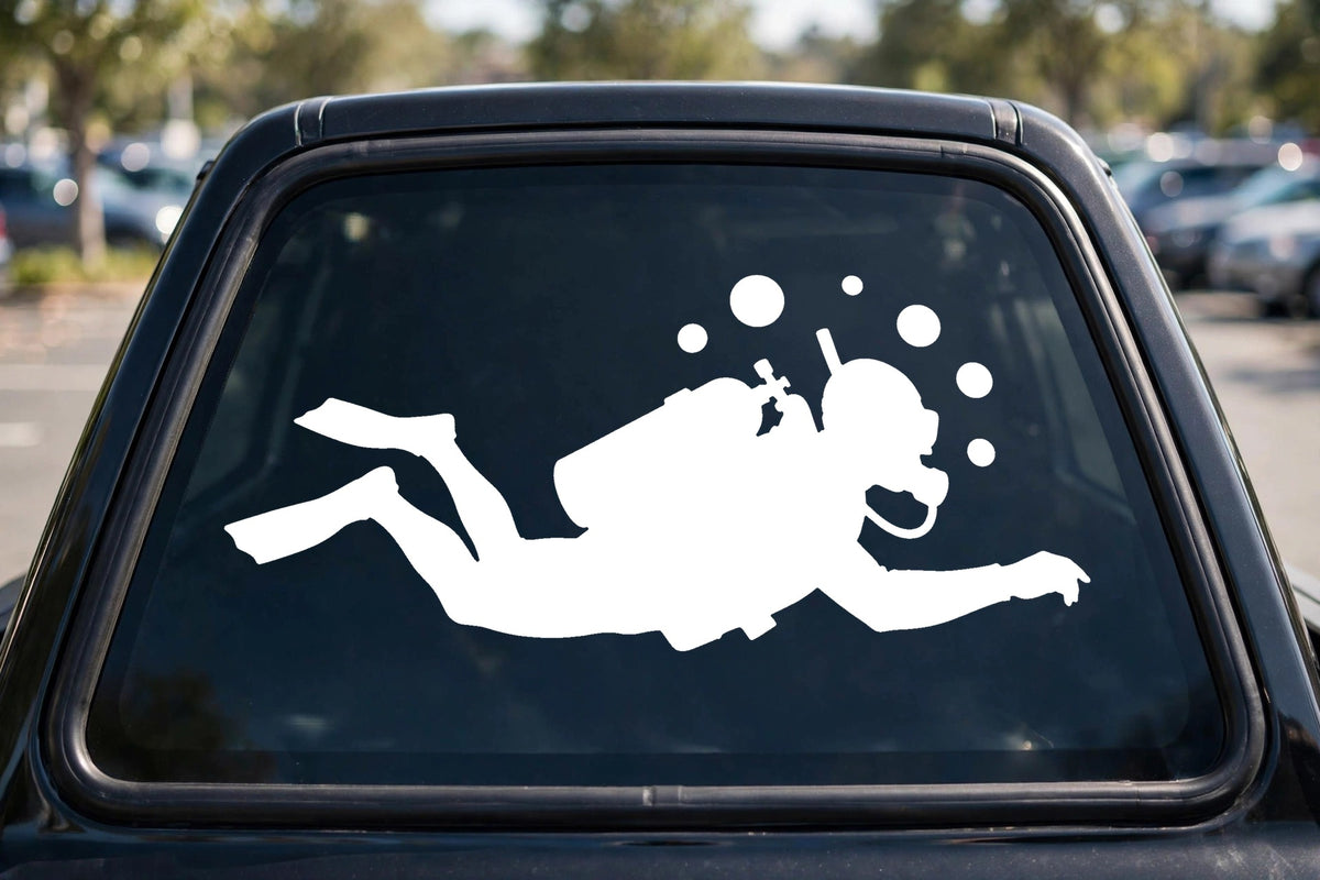 Scuba Diver decal applied to a truck rear window