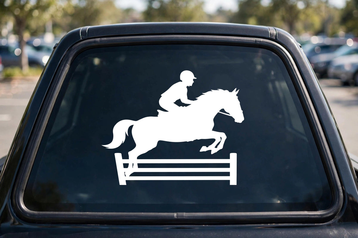 Show Jumper Horse decal applied to a truck rear window