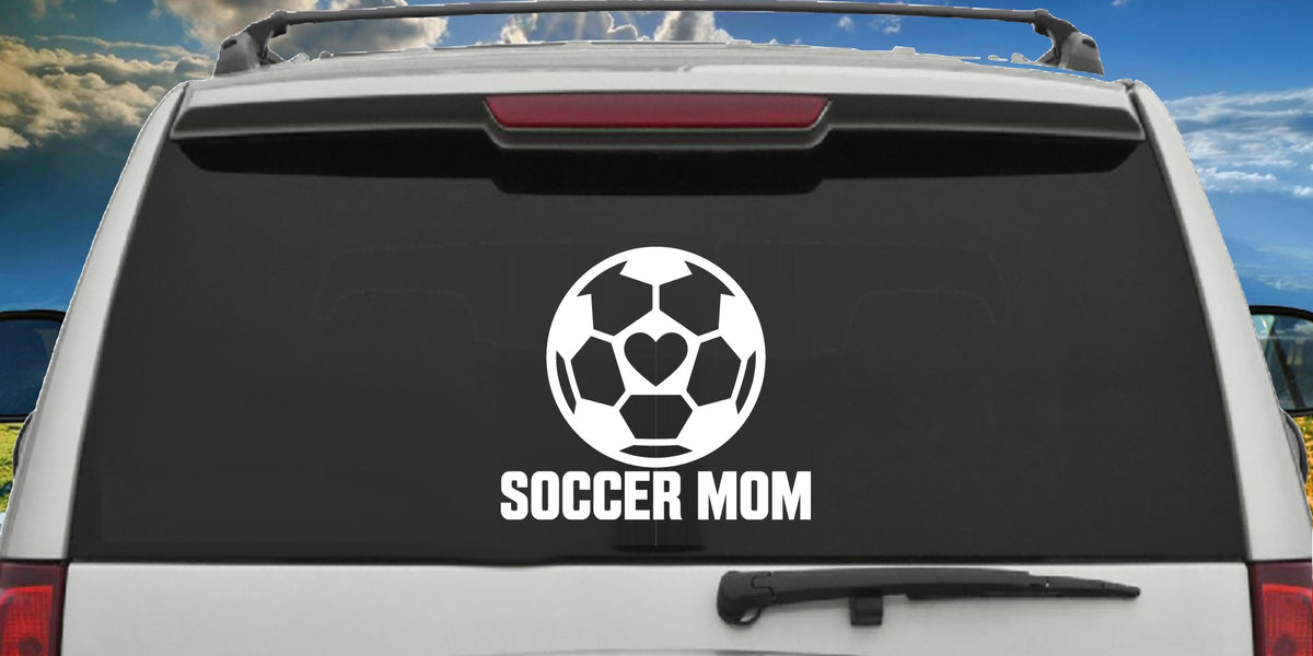 Soccer Mom decal applied to a truck rear window