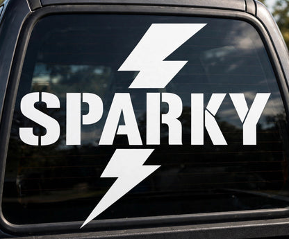 Sparky decal applied to a truck rear window