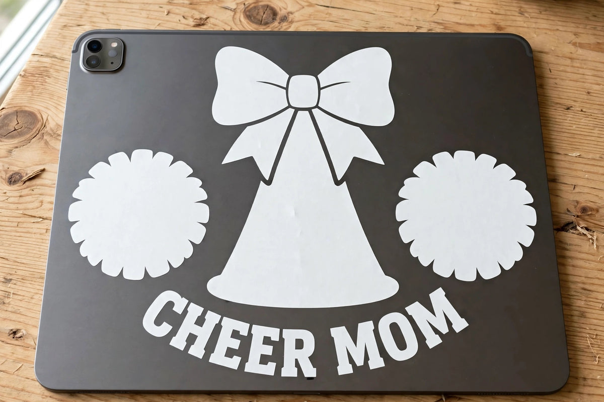 Cheer Mom decal applied to a tablet back