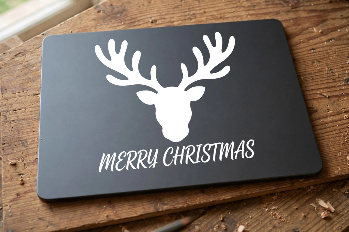 Merry Christmas Reindeer decal applied to a tablet back