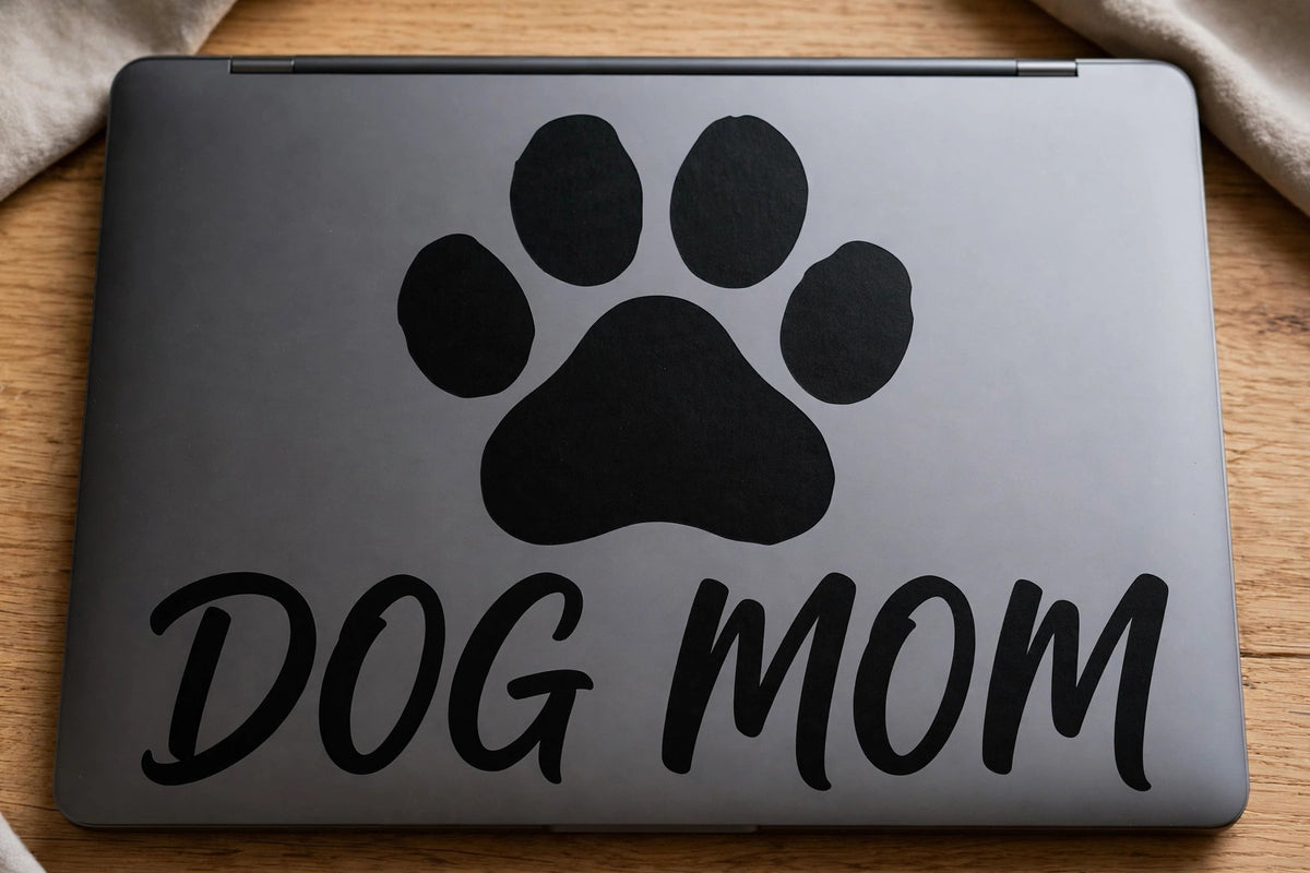 Dog Mom decal applied to a tablet back