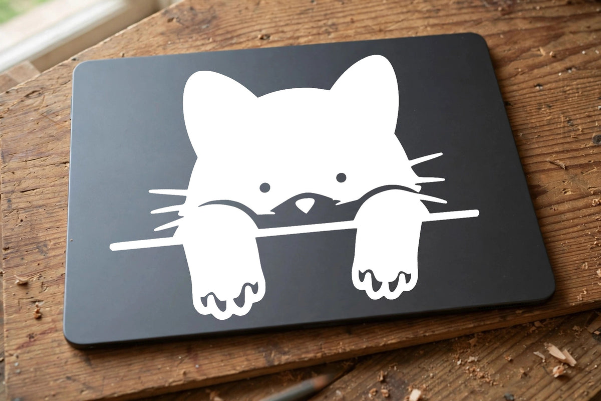 Peeking Cat decal applied to a tablet back