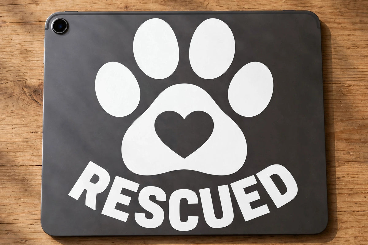 Rescued Paw decal applied to a tablet back