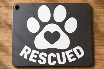 Rescued Paw decal applied to a tablet back