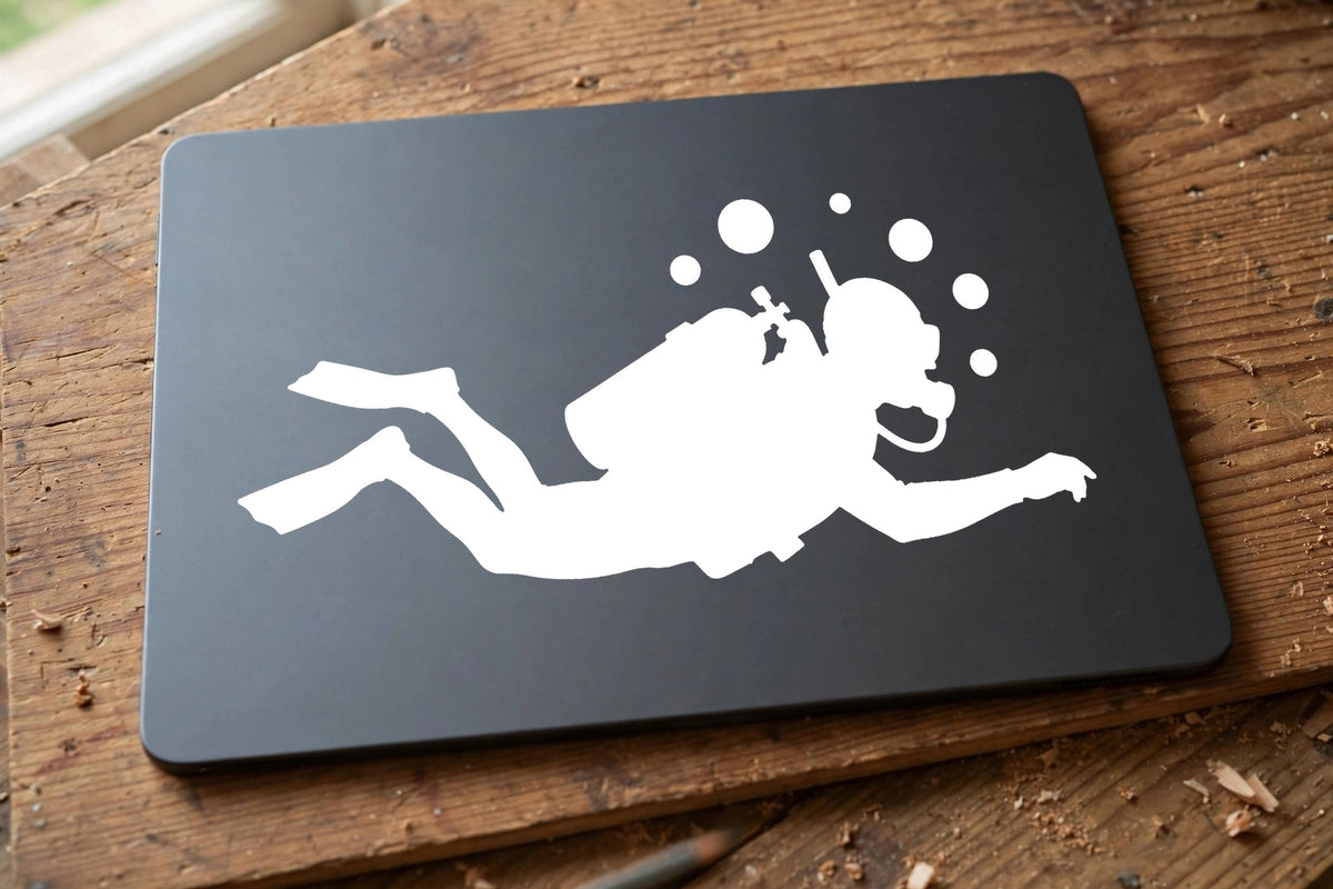 Scuba Diver decal applied to a tablet back