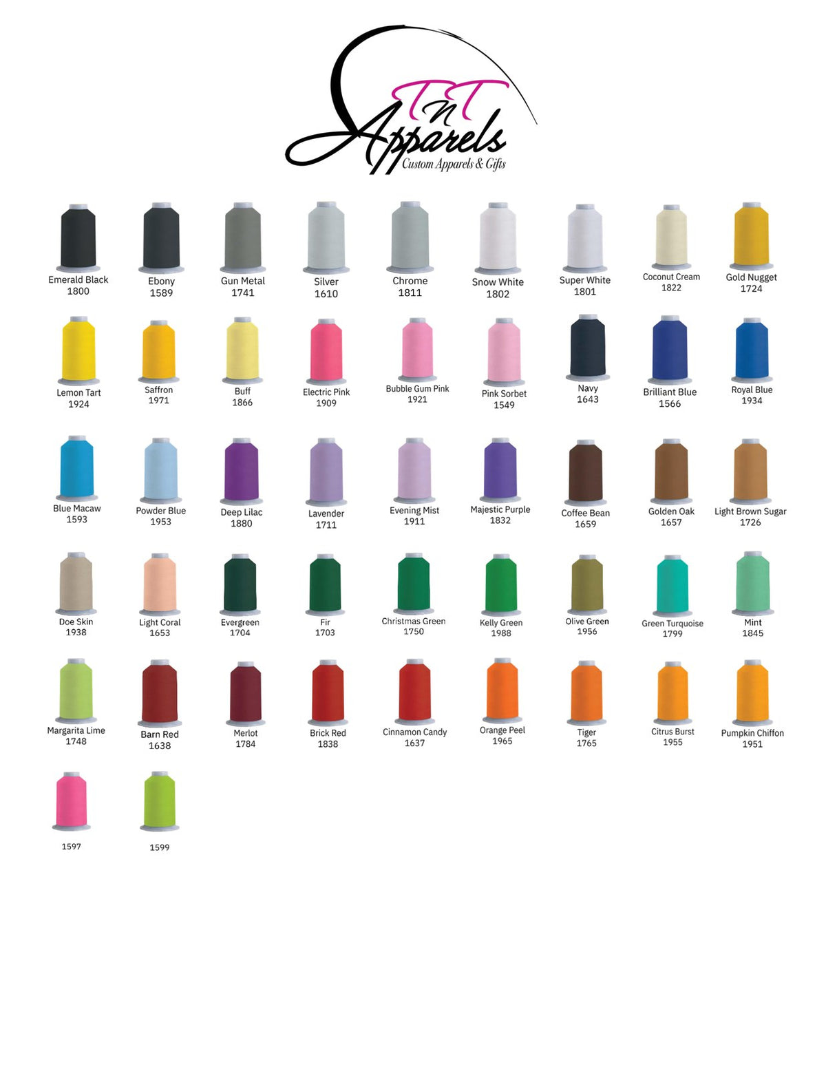Thread color chart — 47 embroidery thread colors with names and numbers