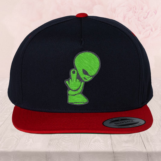 Embroidery Green Alien giving the middle finger, Yupoong Classics Flat Bill Cap