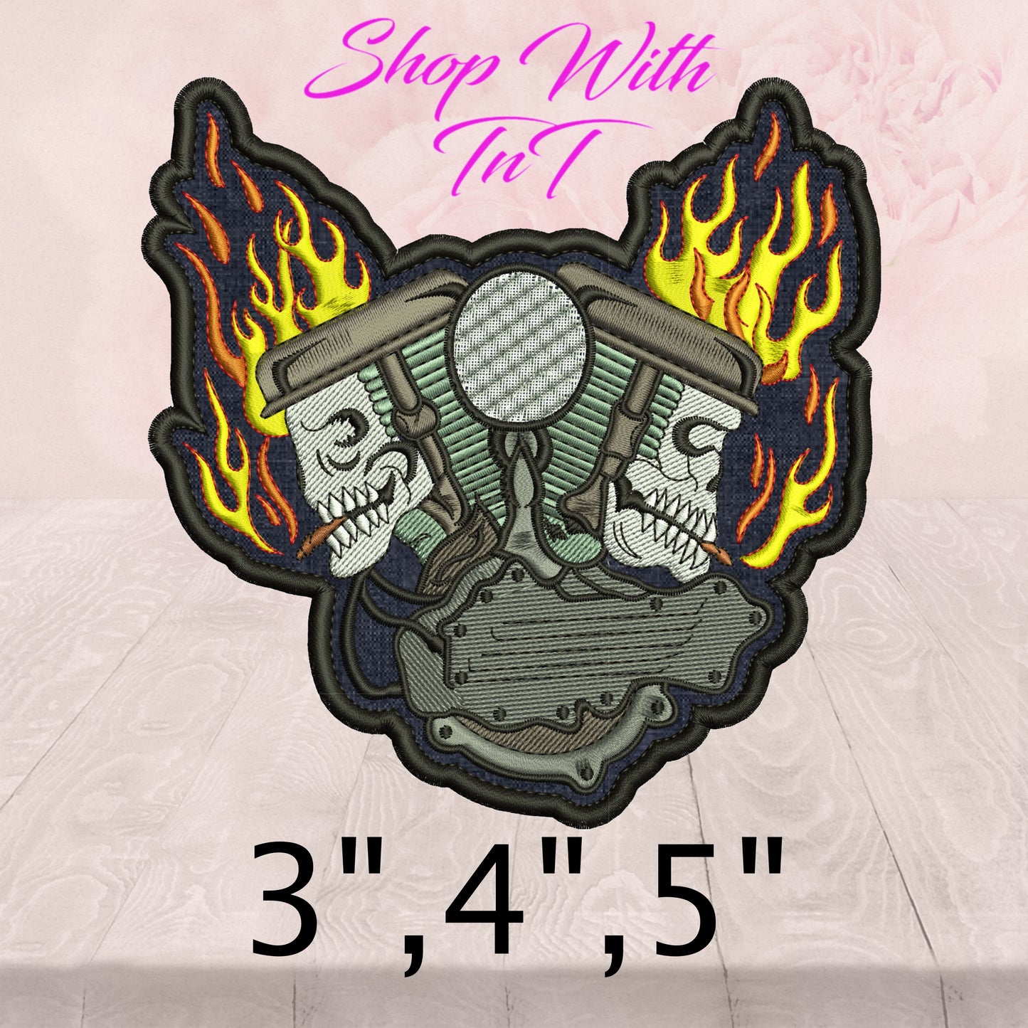 Flaming Double Skull Engine | Patch Embroidered | Iron On or Sew On