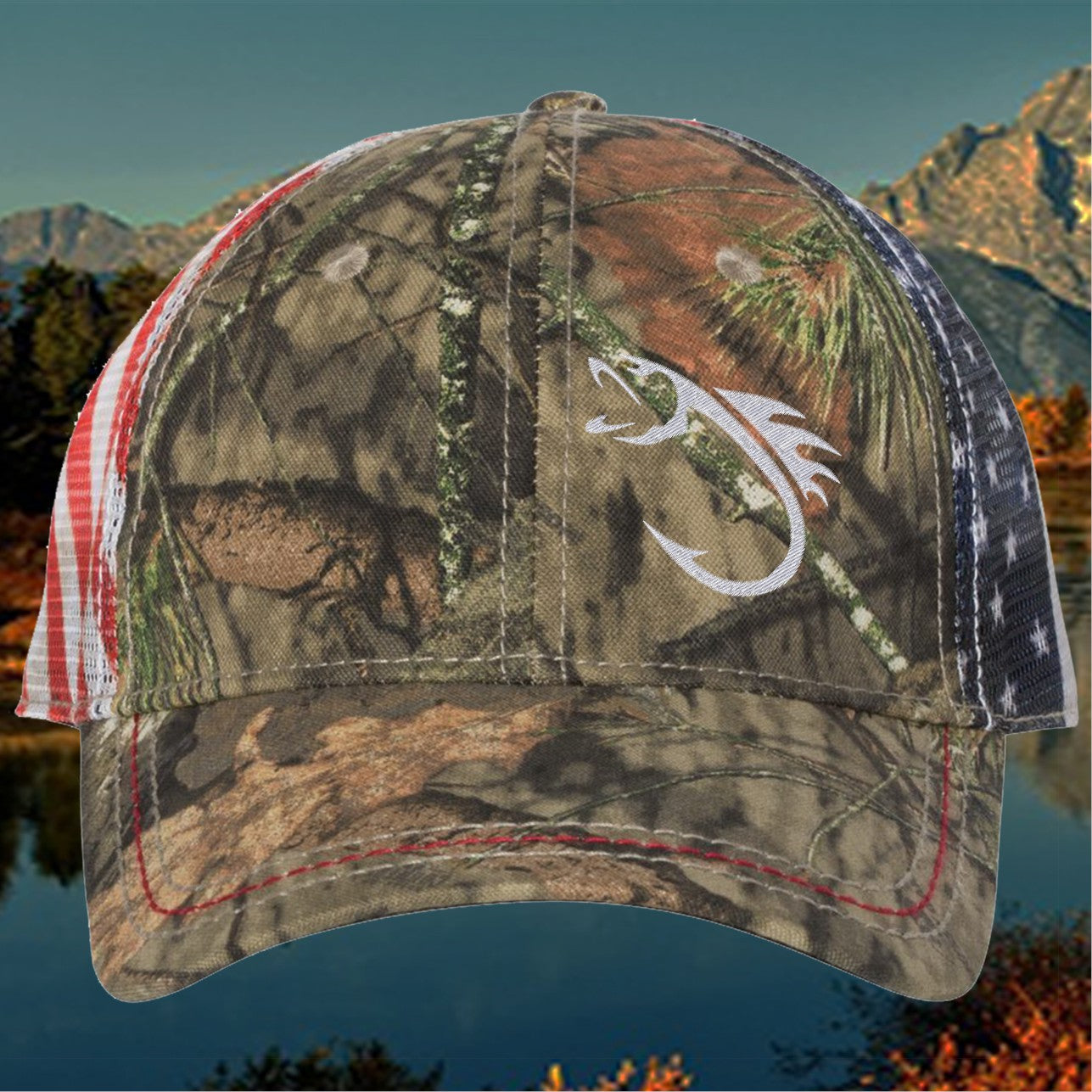 Embroidery, Fish Hook Hat, Fishing Cap 1 Camo Flag On Mesh