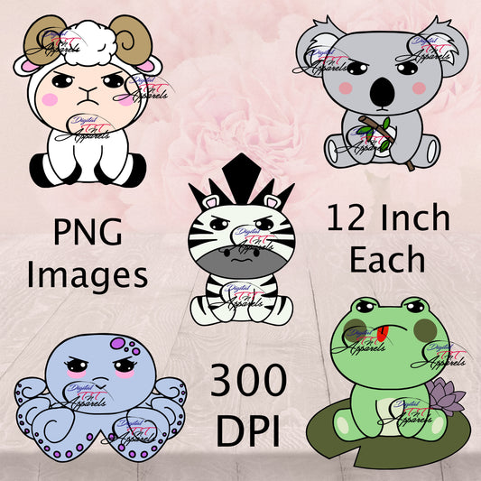 Cute Grumpy Kawaii 5 Pack, Frog, Koala, Zebra, Ram, Octopus, Digital PNG "File Only"