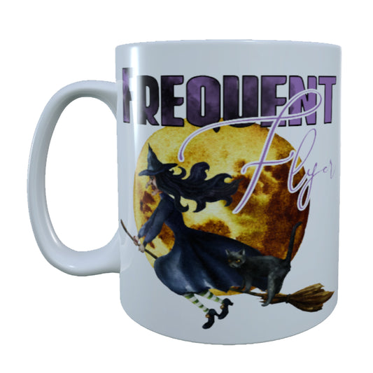 Frequent Flyer Witch Broomstick, 15 oz Mug.