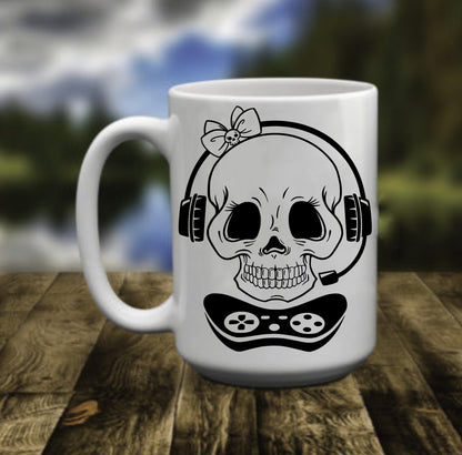 Gamer Skull Girl, Controller Headset, 15 oz Mug
