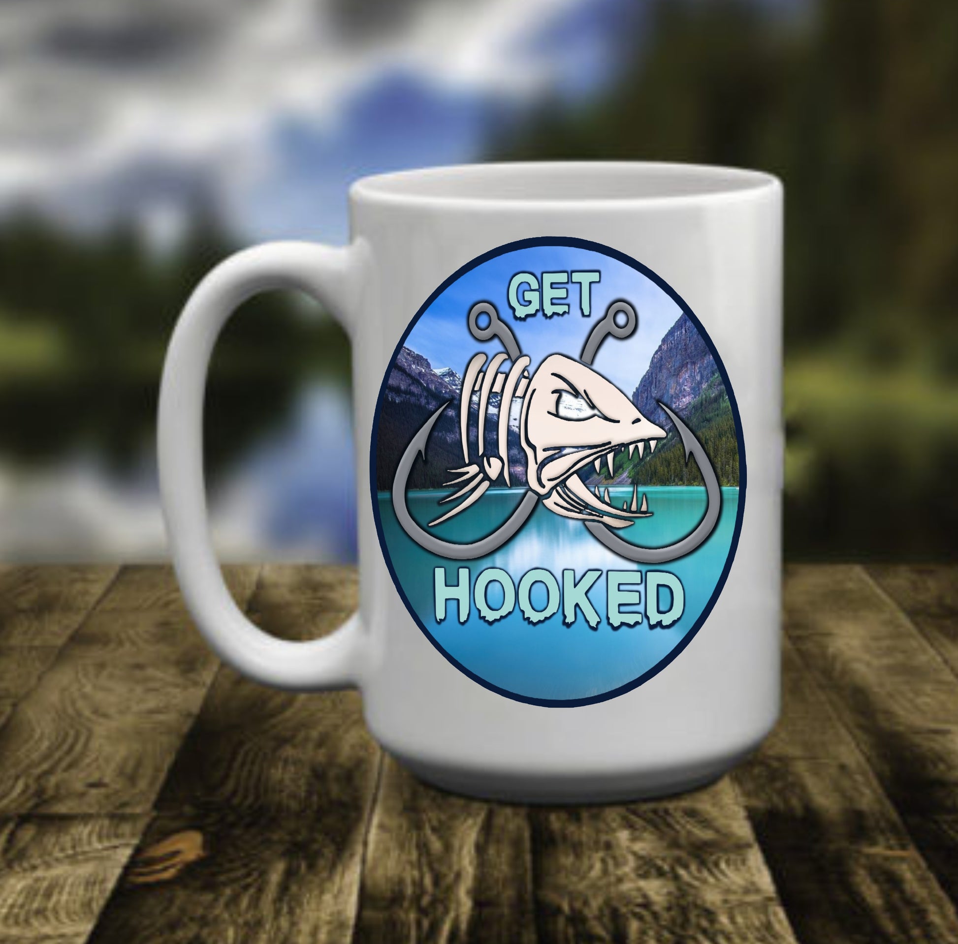 Get Hooked Fishing, 15 oz Mug.