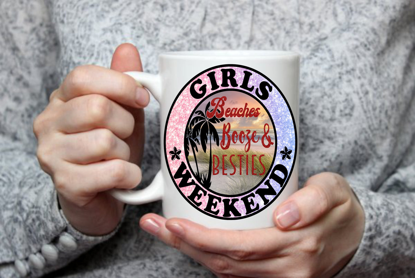 Girls Weekend Party, Beaches, Booze and Besties, 15 oz Mug