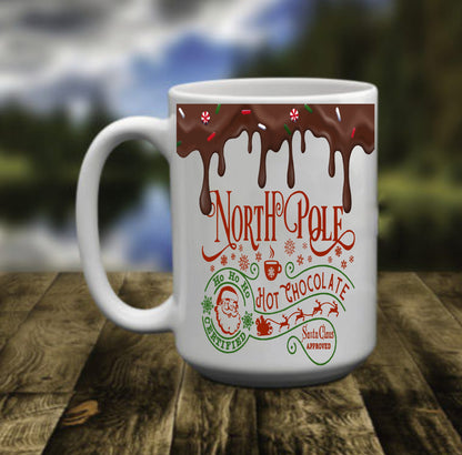Hot Chocolate, North Pole,  Reindeer, Santa Clause, 15 oz Mug