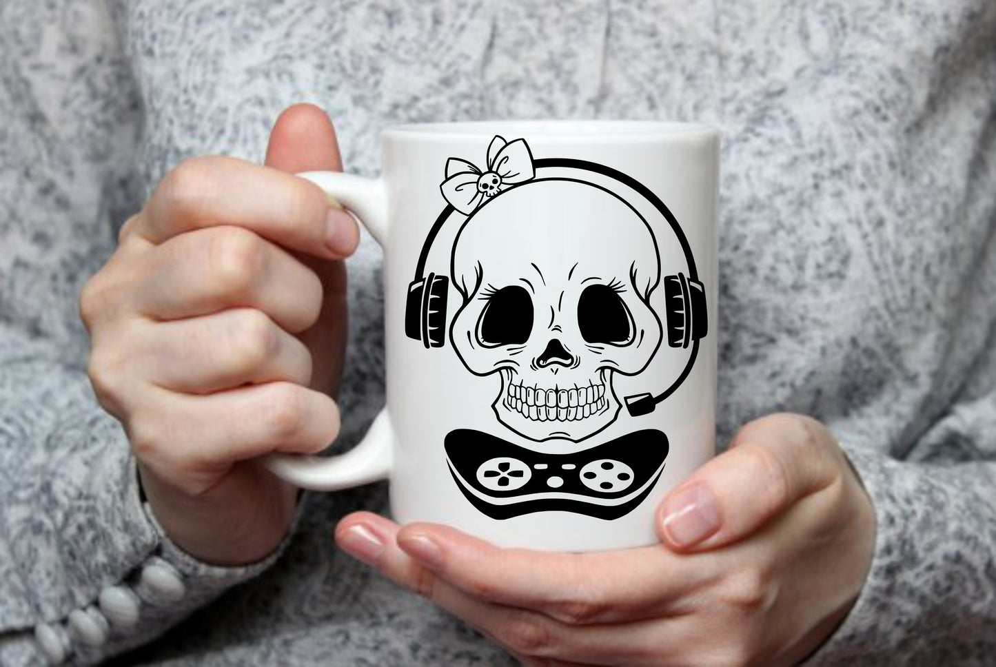 Gamer Skull Girl, Controller Headset, 15 oz Mug