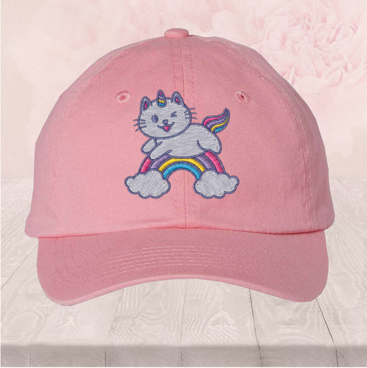 Youth Unicorn Cat Jumping over a rainbow, Dad Hat Embroidered