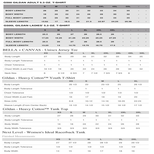 Shirt size chart - body length, body width, and sleeve measurements