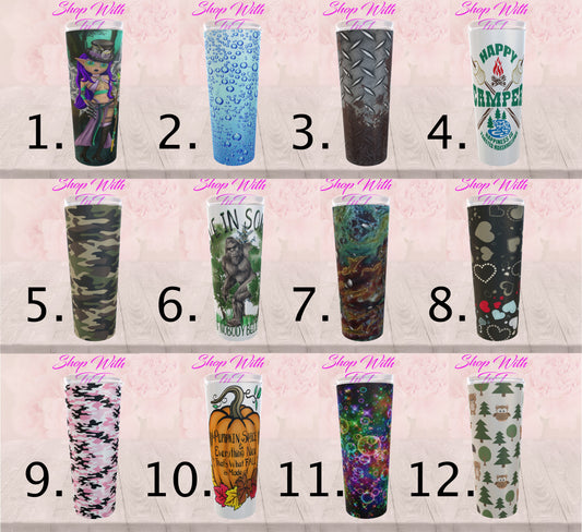 Skinny Tumbler | 12 Images | 600ml 20oz steel with Lid and Straw